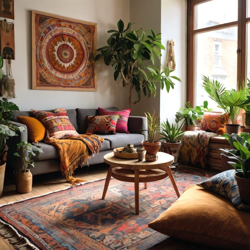Boho living room 2026 with a mandala tapestry, rust and pink pillows, vintage kilim rug, round wood coffee table and plants by the window
