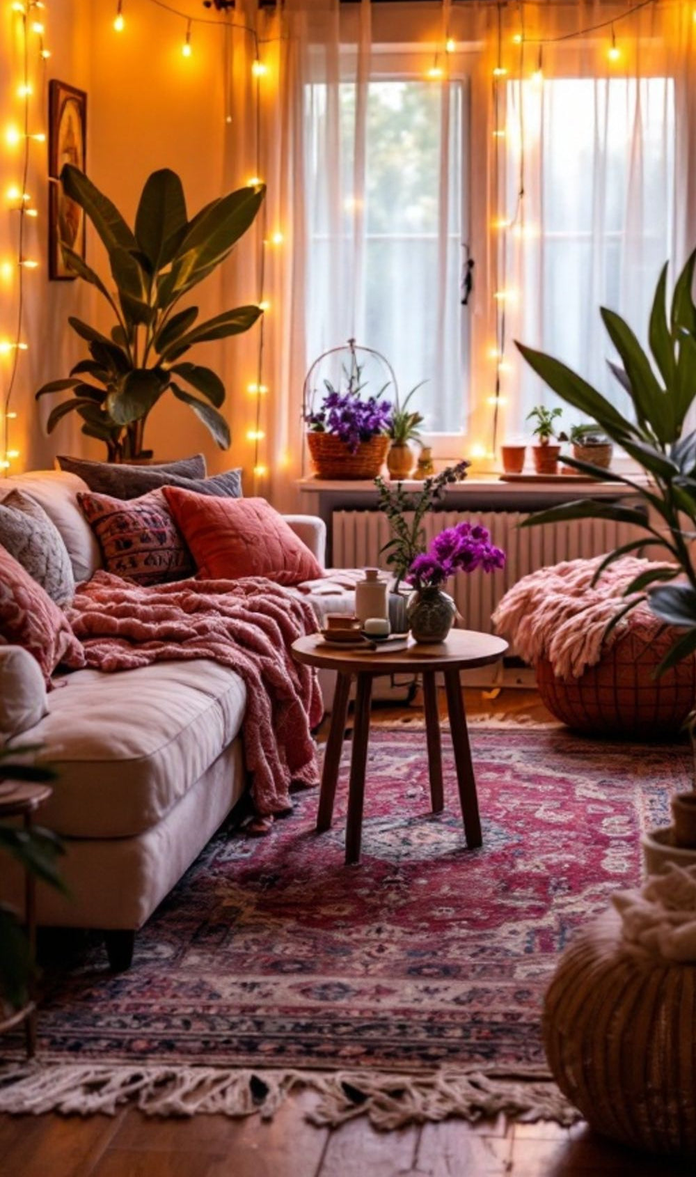 Small boho living room with string lights, sheer curtains, a blush sofa with knit throws, a round side table, a vintage-style rug and large plants