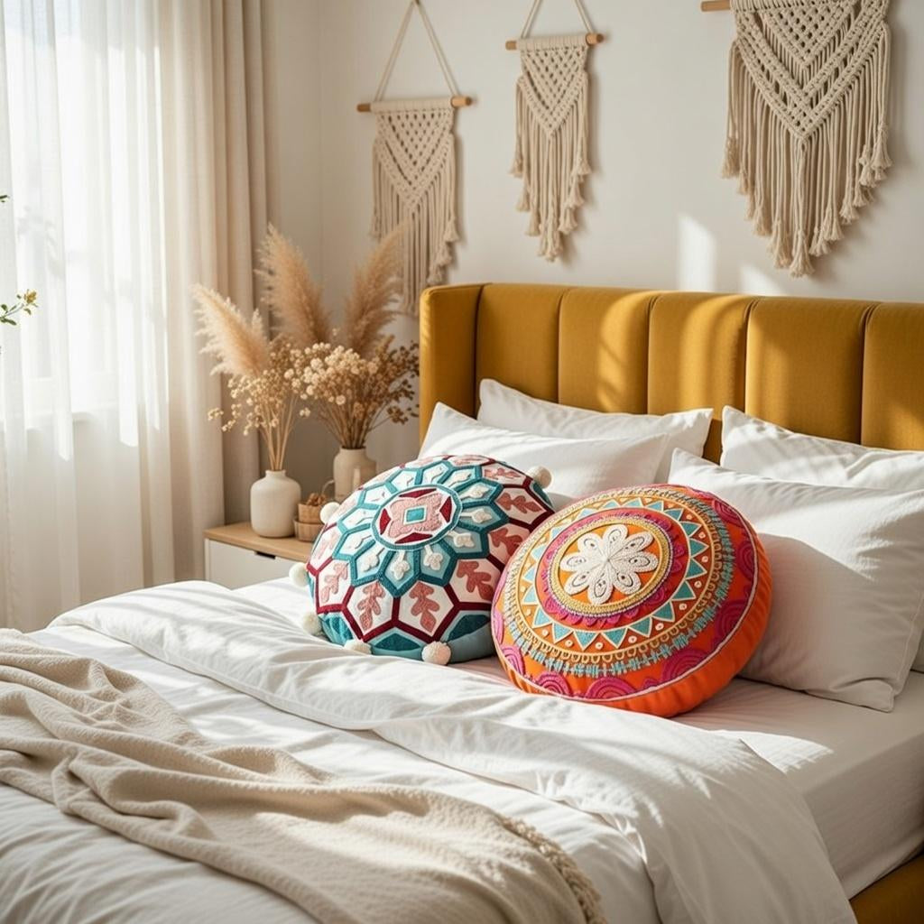 Embroidered Boho Round Mandala Pillow Cover 