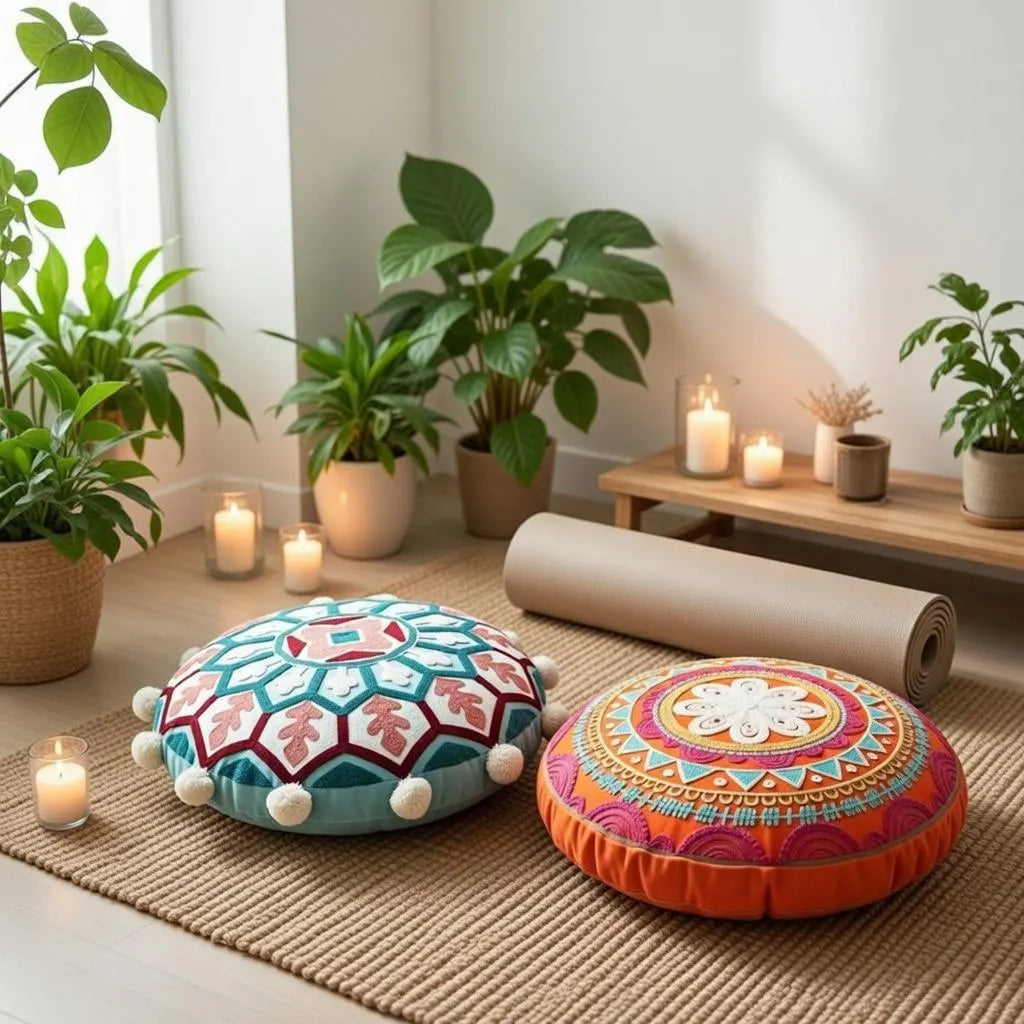 Embroidered Boho Round Mandala Pillow Cover 