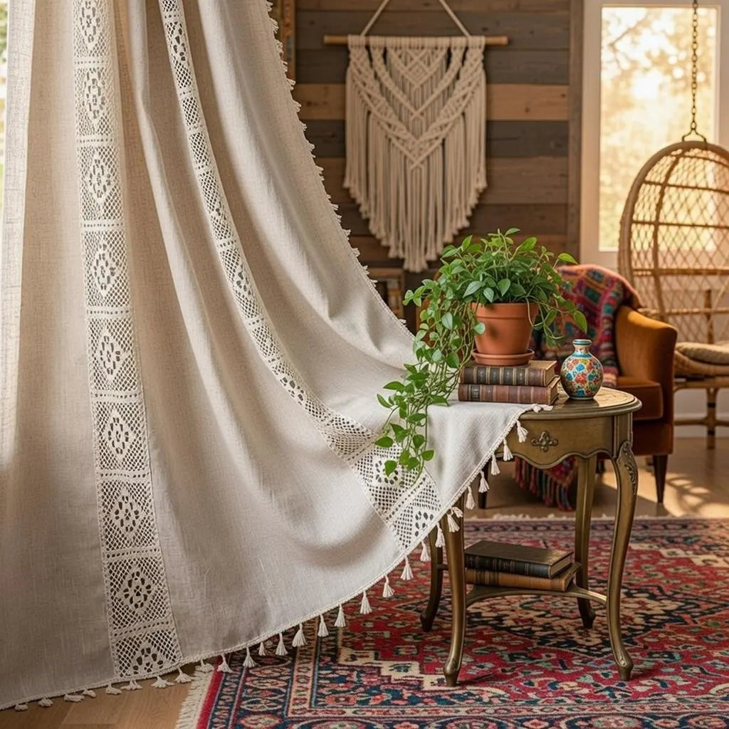 Crochet Lace Curtains Handmade Boho Tassel Trim Semi 