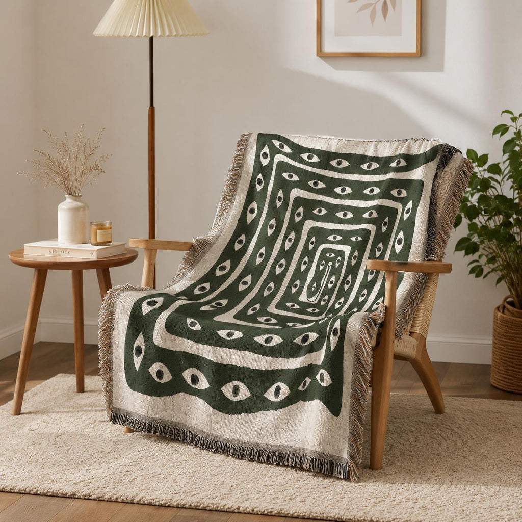 Boho Woven Green Evil Eye Throw Blanket