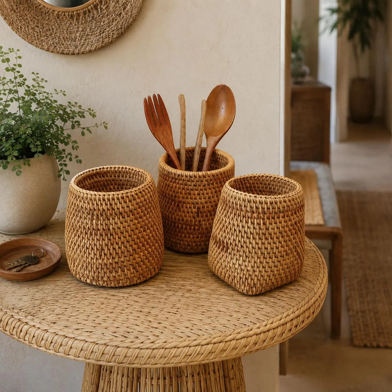 Handmade Rattan Utensil Holder Basket, Woven Cutlery Organizer, Rustic Kitchen Storage