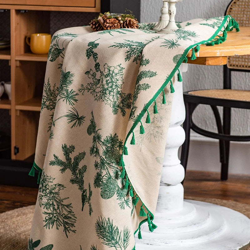 Green Leaves Print round Tablecloth Cotton Linen Boho Table Cloth with Tassels for Kitchen Restaurant Christmas Party Decoration