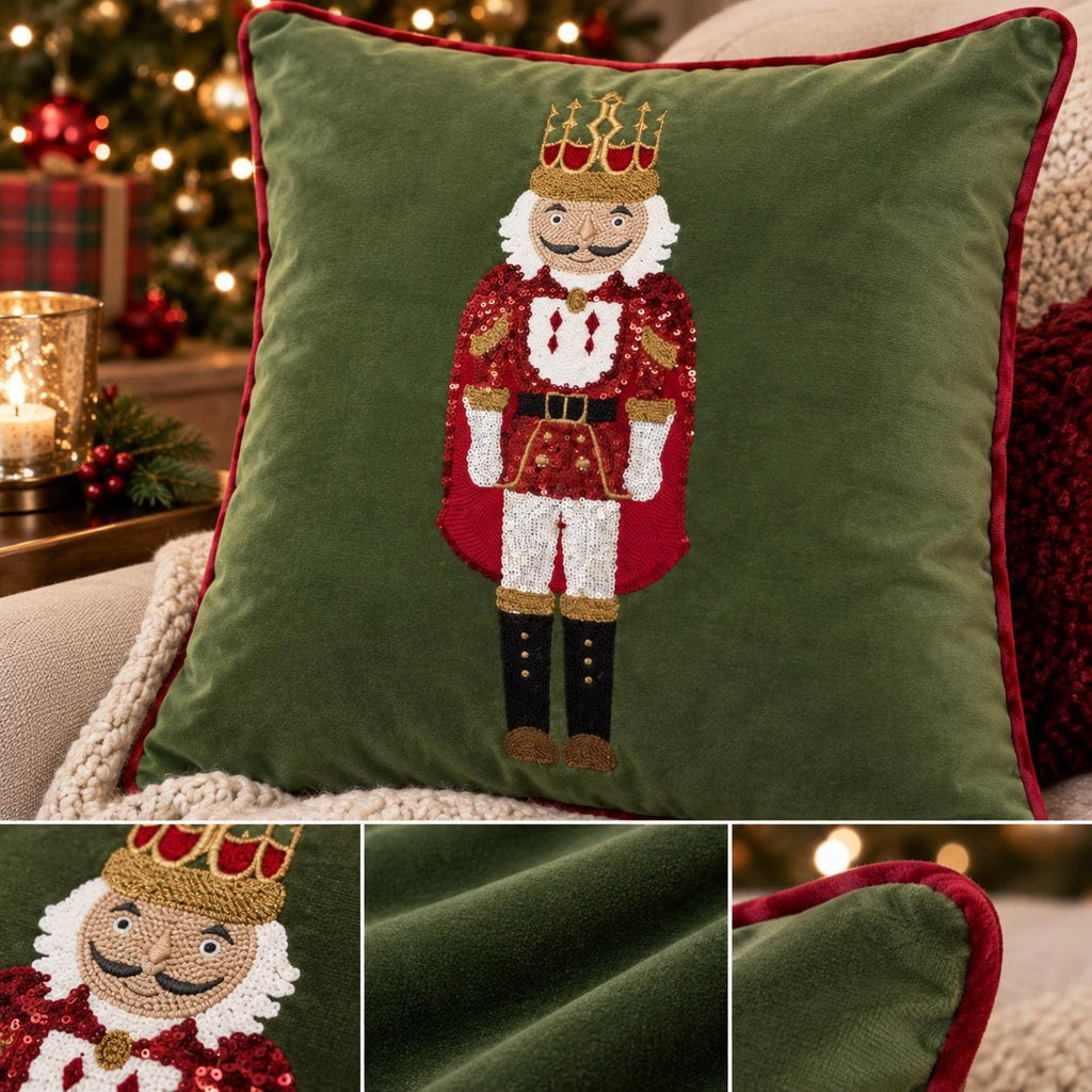 Nutcracker Christmas Pillow Cover, Handmade Embroidered Holiday Cushion, Dobby Woven Christmas Decor, 18X18 & 12X20