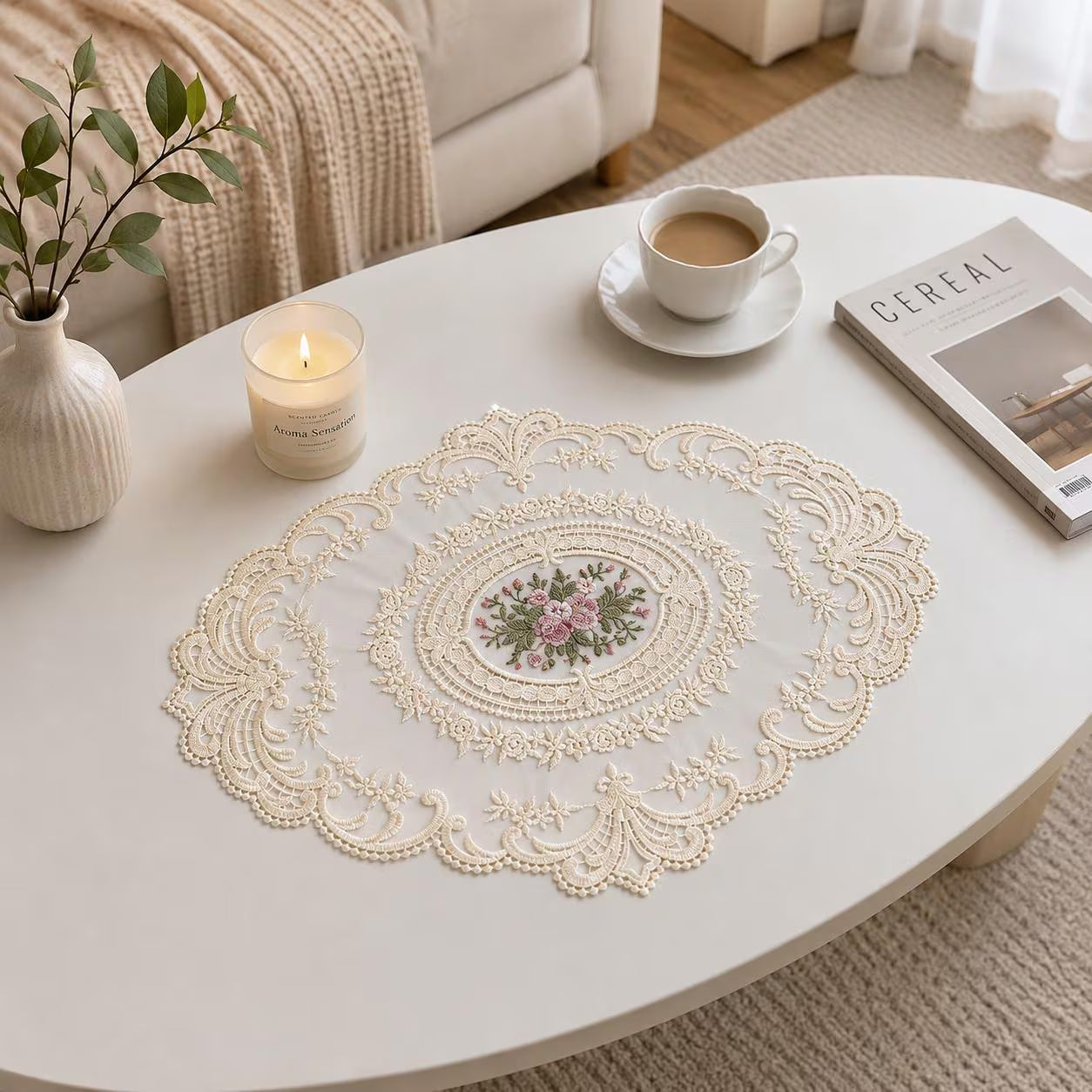 Vintage Cottagecore Decor, Floral Rose Embroidery, Oval Lace Table Mat, Doily Crochet Pattern Gift