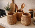 Handmade Rattan Utensil Holder Basket, Woven Cutlery Organizer, Rustic Kitchen Storage