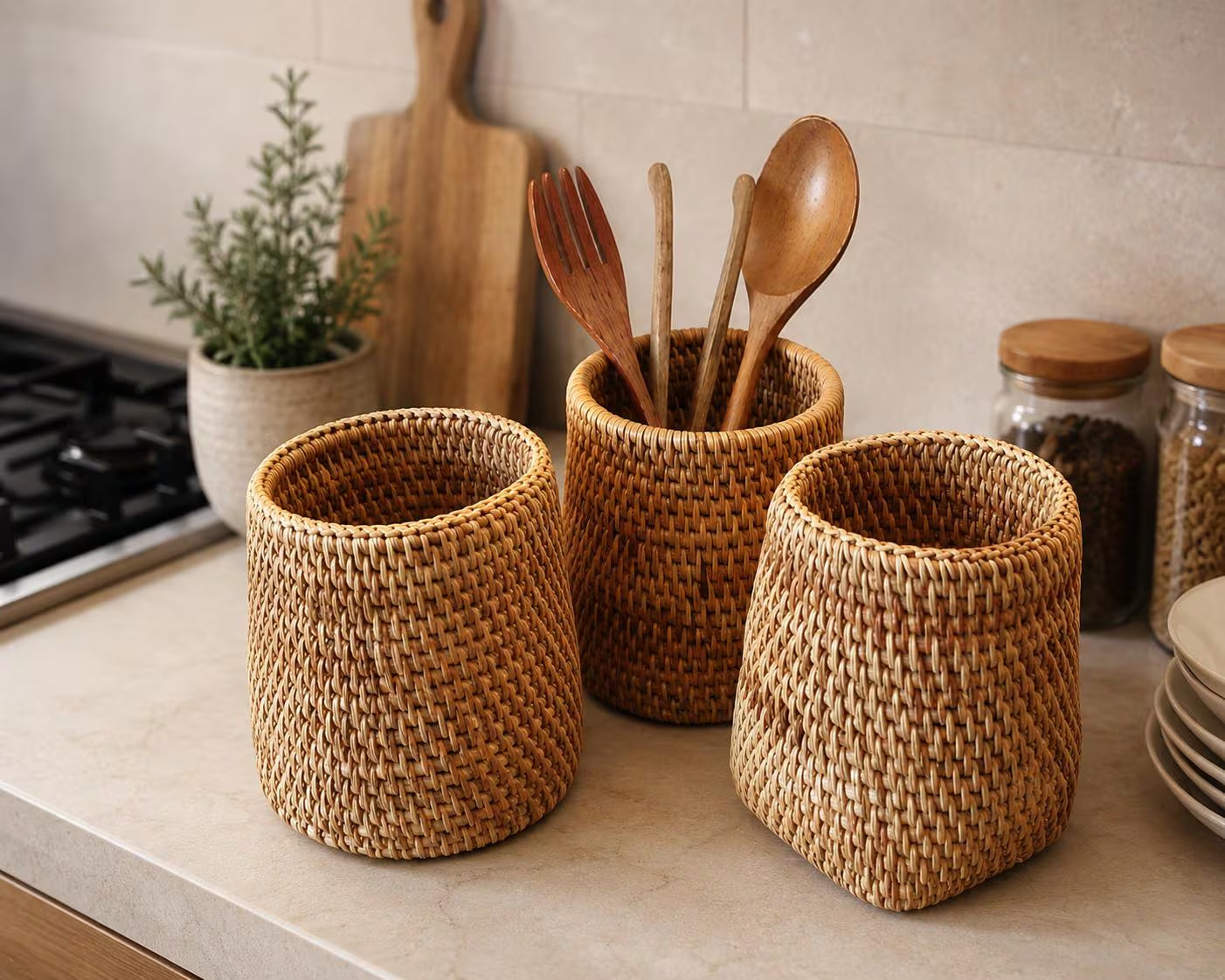 Handmade Rattan Utensil Holder Basket, Woven Cutlery Organizer, Rustic Kitchen Storage