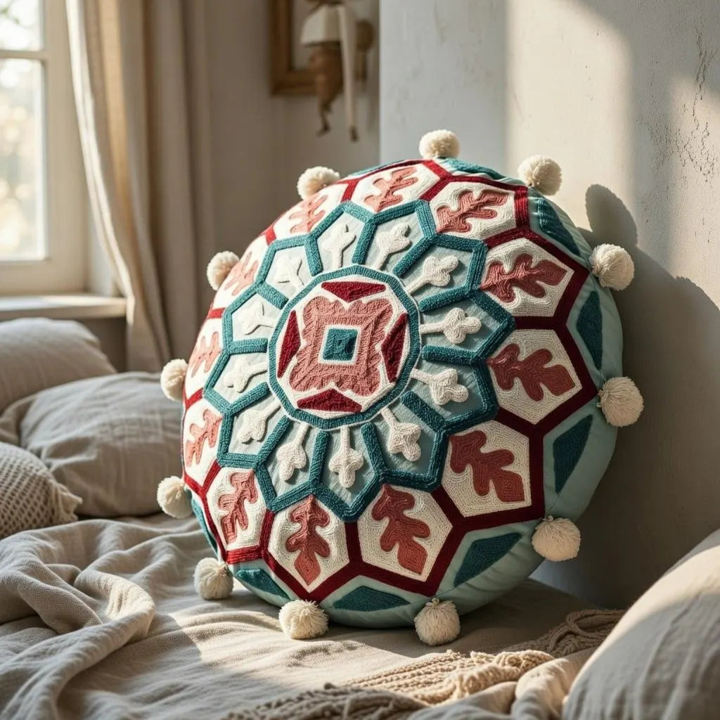 Embroidered Boho Round Mandala Pillow Cover 