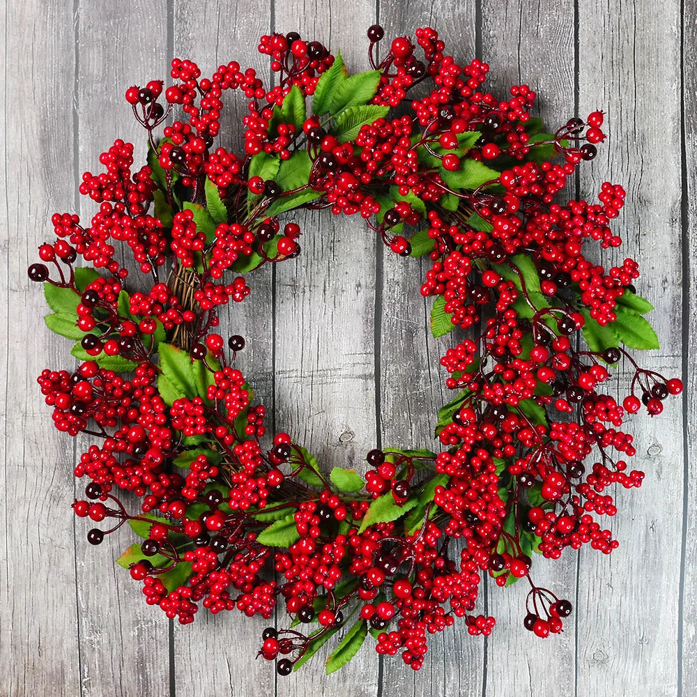 Yeenanee Christmas Decoration Wreaths for Front Door Handmade Cypress Leaf Red Berry Pine Wreath Xmas Home Wall Window Decor