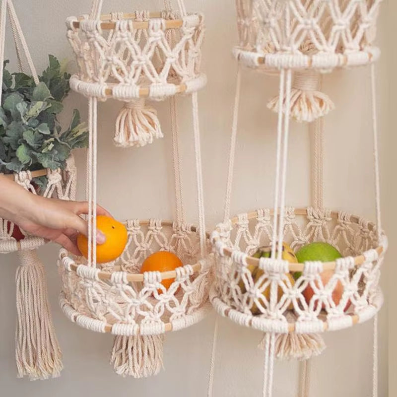 Hanging Fruit Basket Basket Rope Macrame Wall Hanging Fruit Hanger Hanging Baskets Handmade Home Garden Balcony Decor