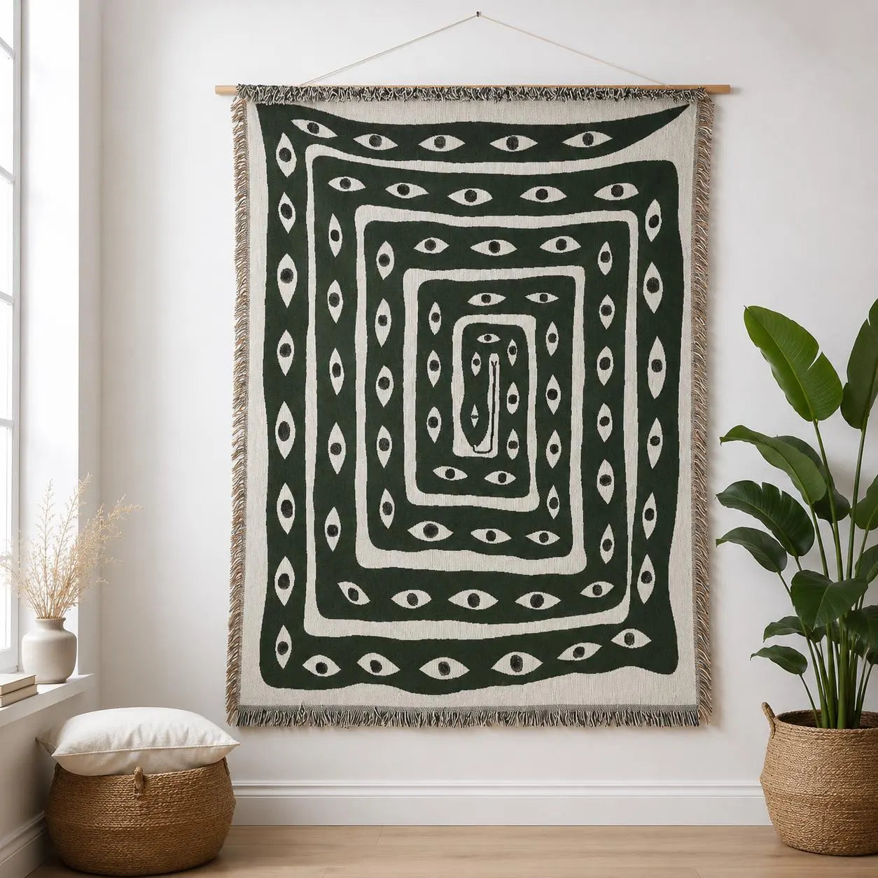 Boho Woven Green Evil Eye Throw Blanket