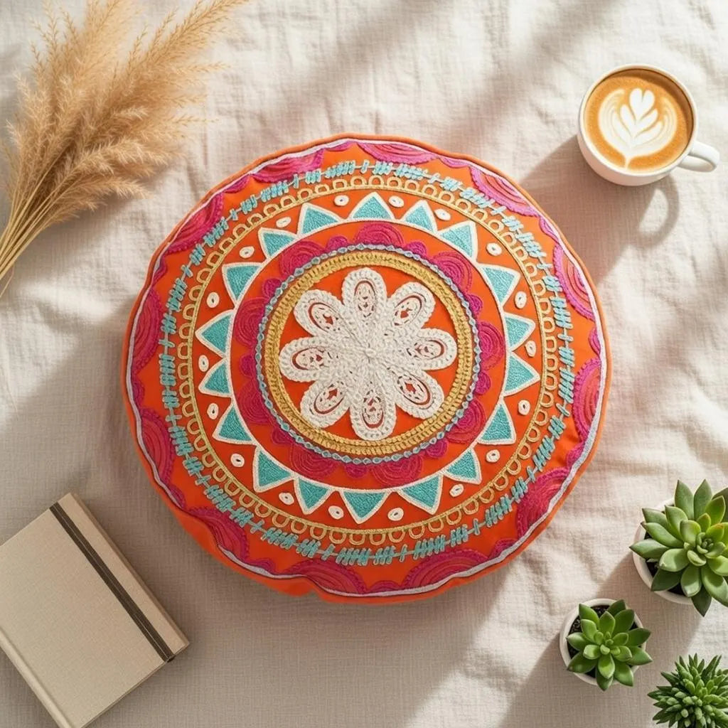Embroidered Boho Round Mandala Pillow Cover 