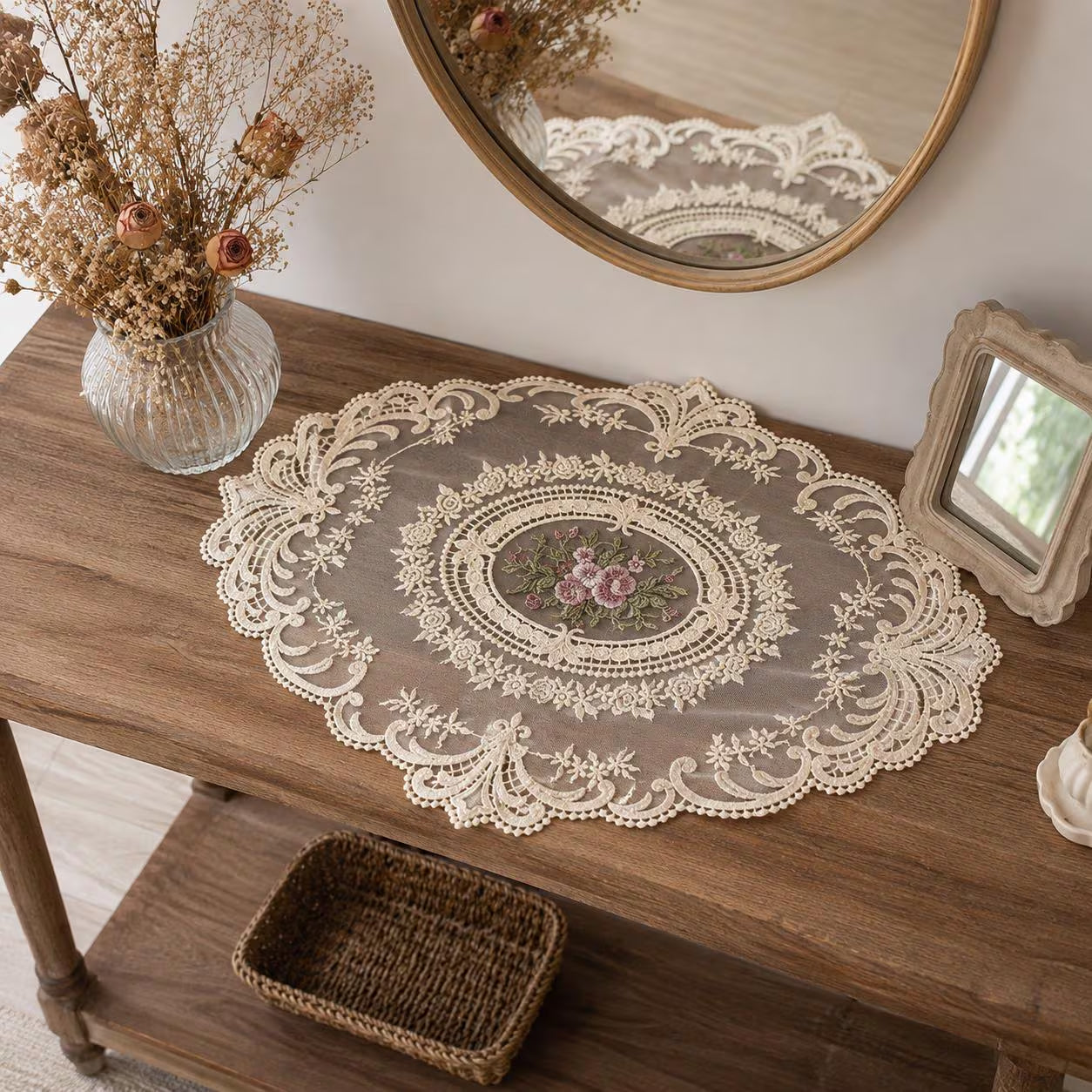 Vintage Cottagecore Decor, Floral Rose Embroidery, Oval Lace Table Mat, Doily Crochet Pattern Gift