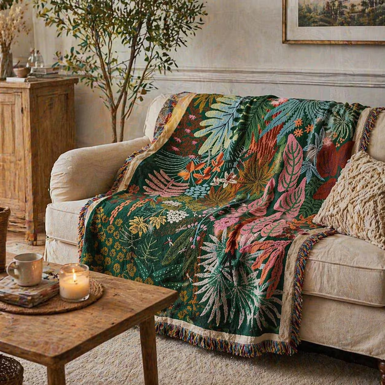Boho Tropical Leaf Woven Throw Blanket