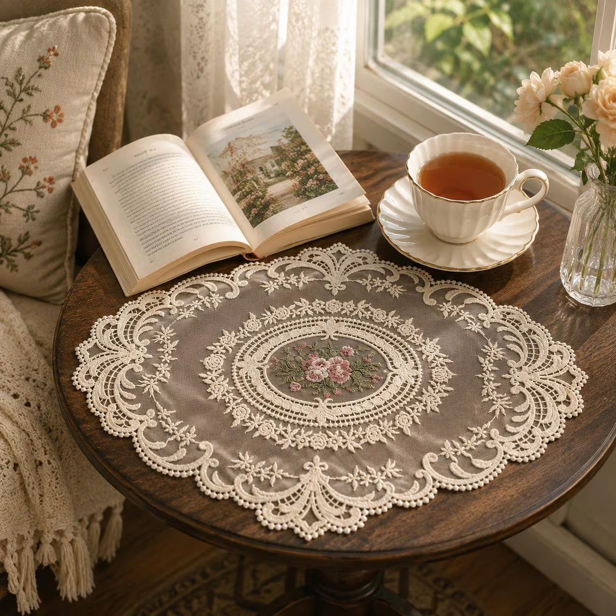 Vintage Cottagecore Decor, Floral Rose Embroidery, Oval Lace Table Mat, Doily Crochet Pattern Gift