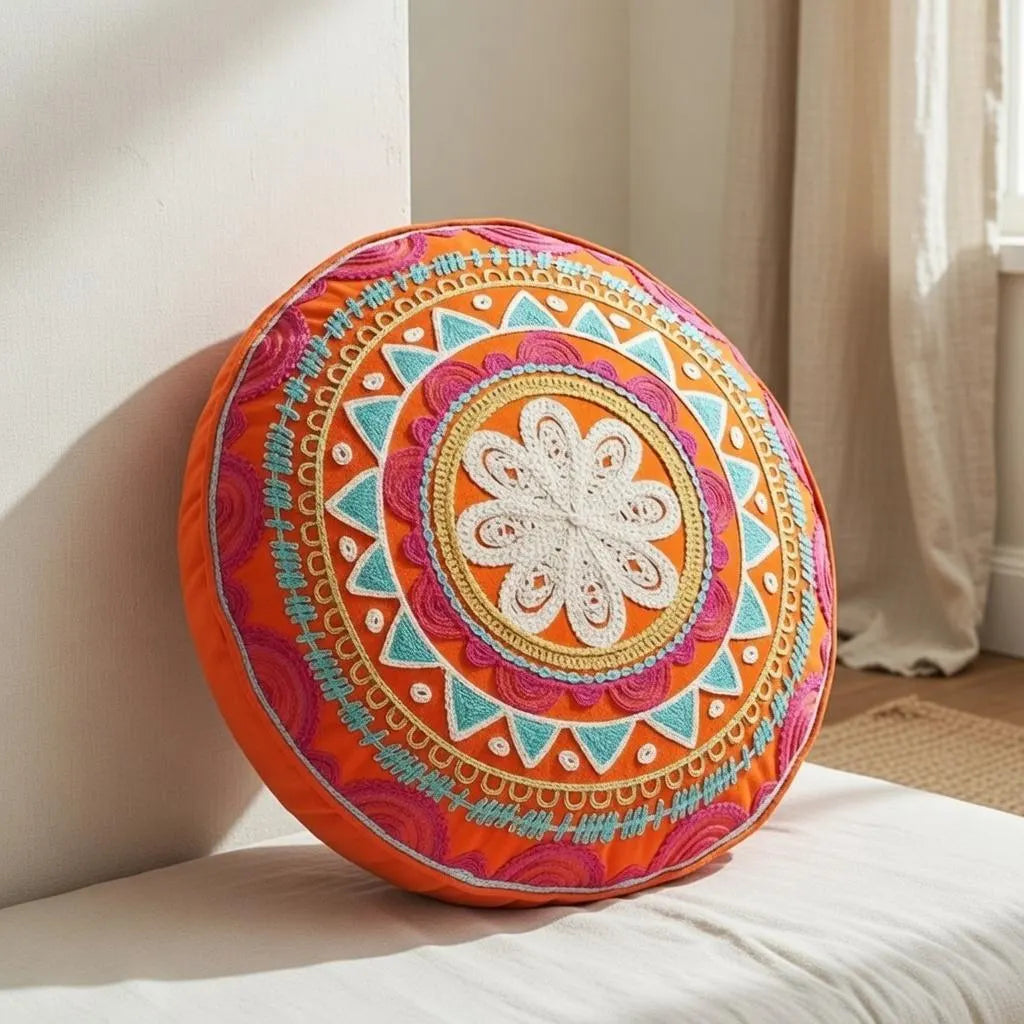 Embroidered Boho Round Mandala Pillow Cover 