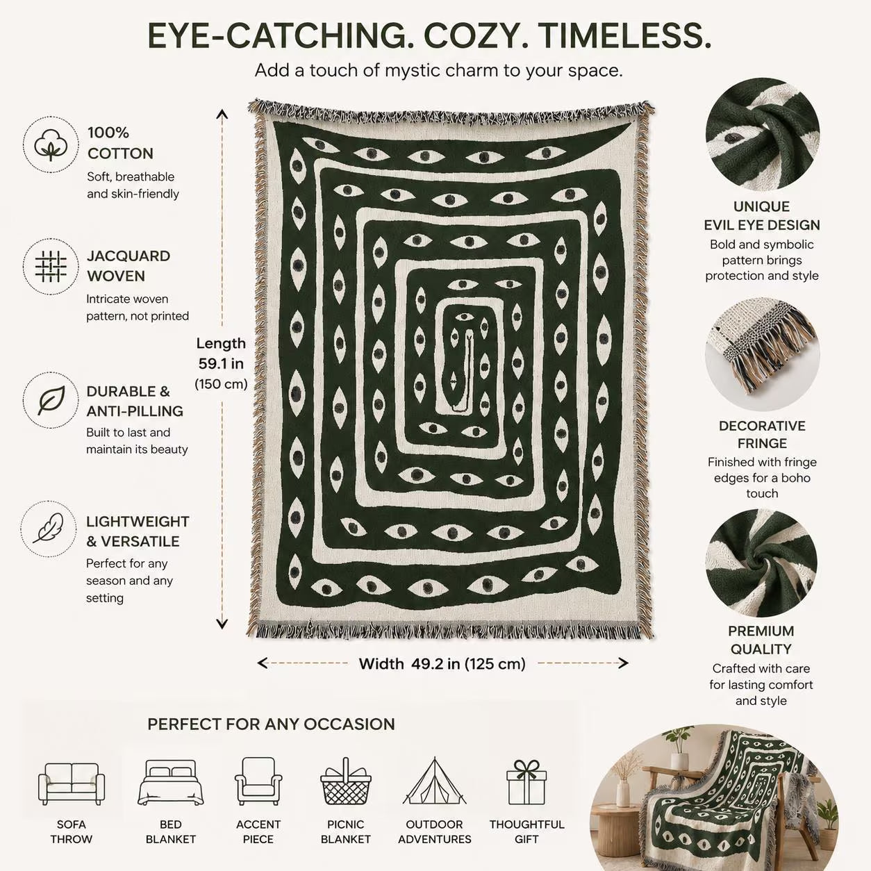 Boho Woven Green Evil Eye Throw Blanket
