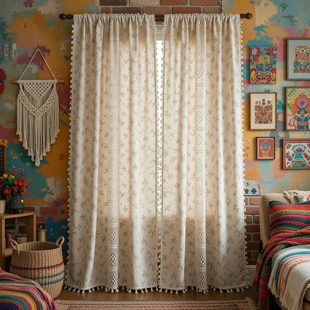 Crochet Lace Curtains Handmade Boho Tassel Trim Semi 
