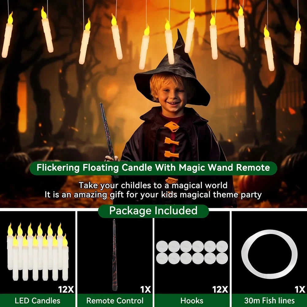 12/48 Pcs LED Floating Candles with Magic Wand Remote Flameless Flying Candle Flickering Warm Light for Halloween Holiday Decor