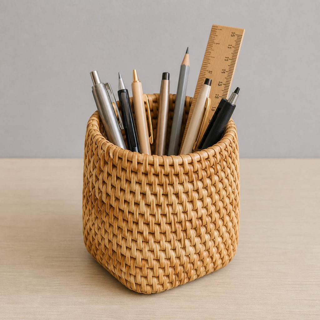 Handmade Rattan Utensil Holder Basket, Woven Cutlery Organizer, Rustic Kitchen Storage