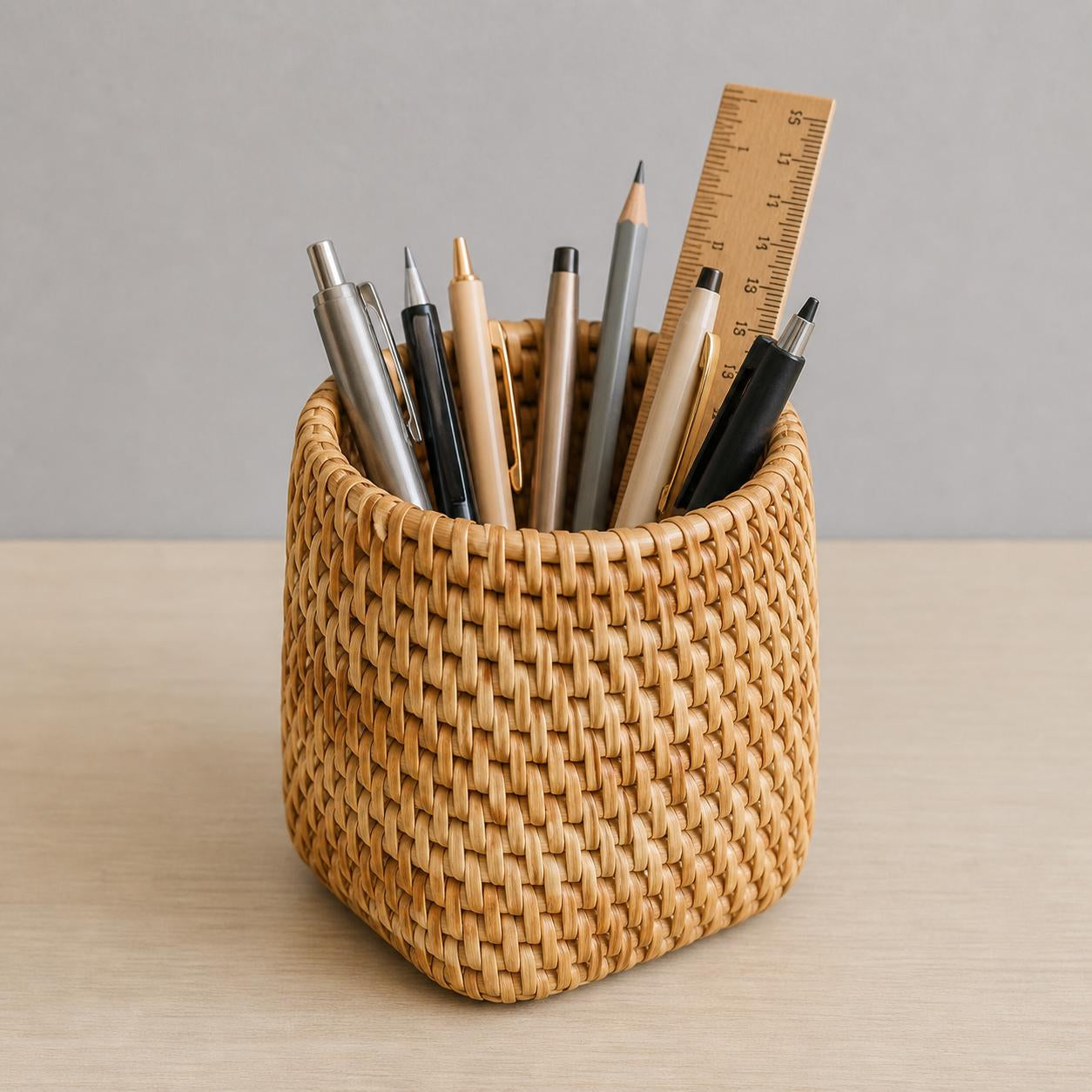 Handmade Rattan Utensil Holder Basket, Woven Cutlery Organizer, Rustic Kitchen Storage