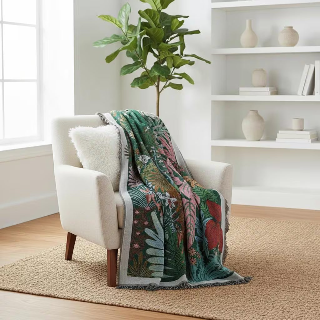 Boho Tropical Leaf Woven Throw Blanket