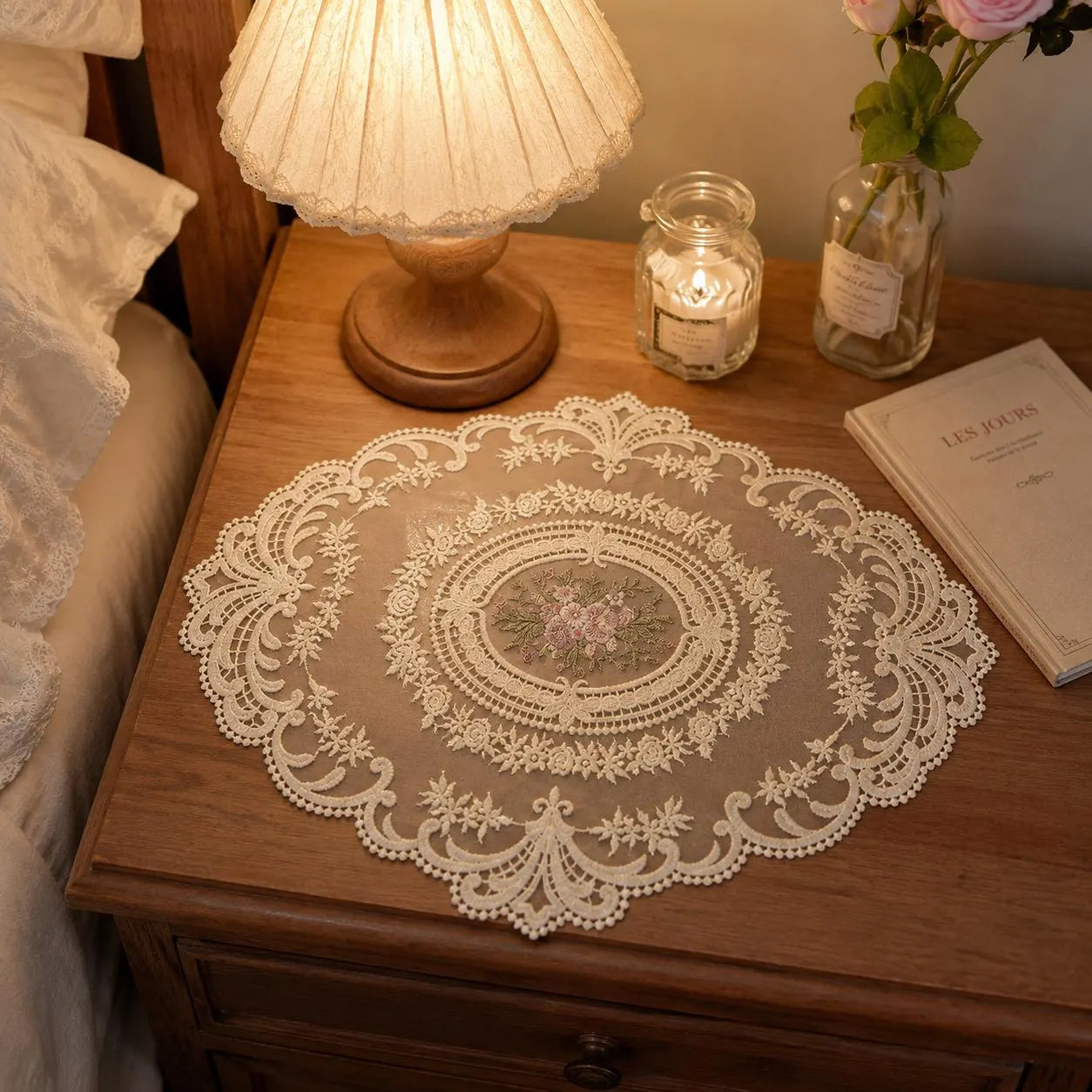 Vintage Cottagecore Decor, Floral Rose Embroidery, Oval Lace Table Mat, Doily Crochet Pattern Gift