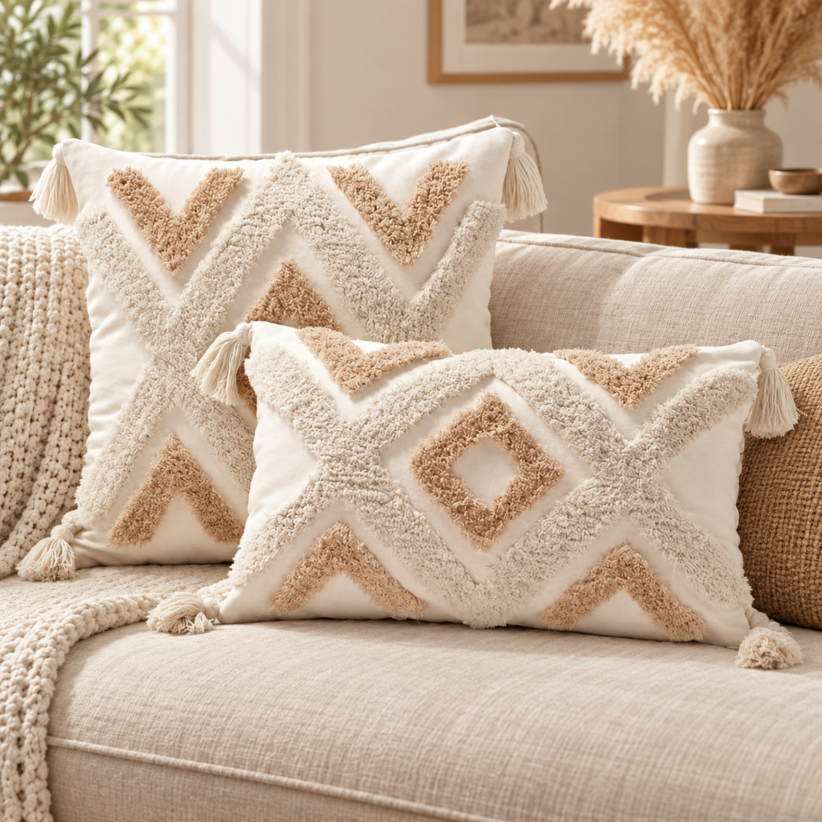 Nordic Boho Geometric Plush Pillow Cover with Tassels