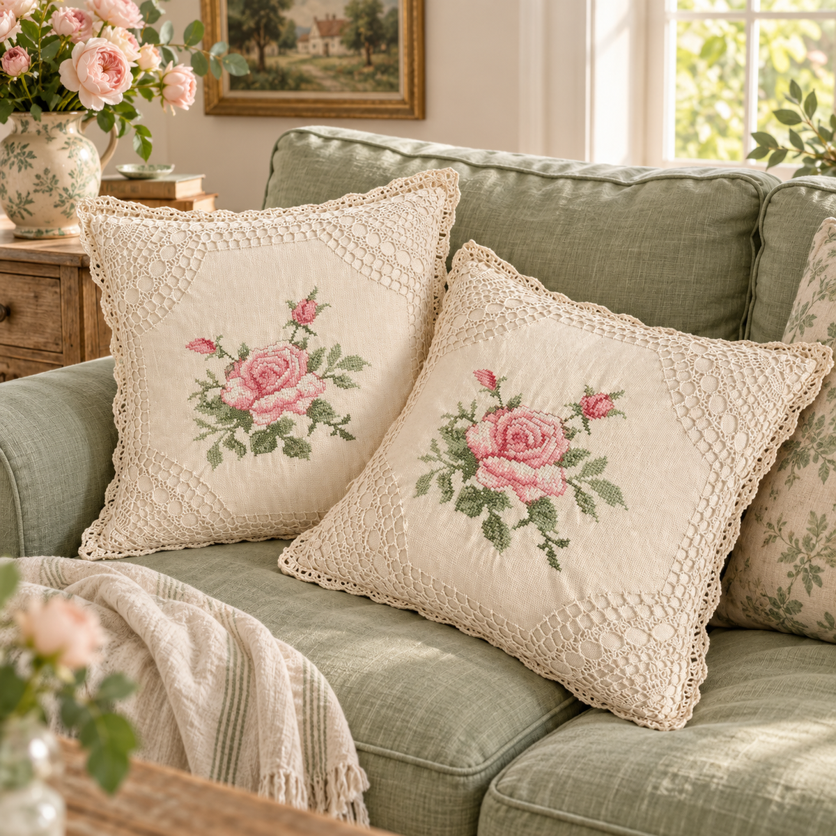 Boho Crochet Embroidered Pillow Cover