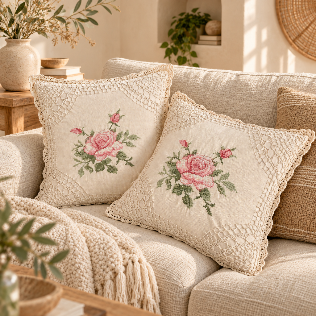 Boho Crochet Embroidered Pillow Cover