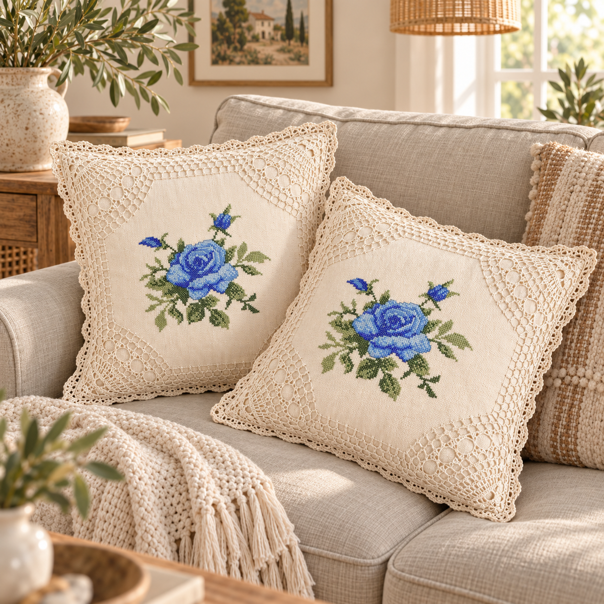 Boho Crochet Embroidered Pillow Cover