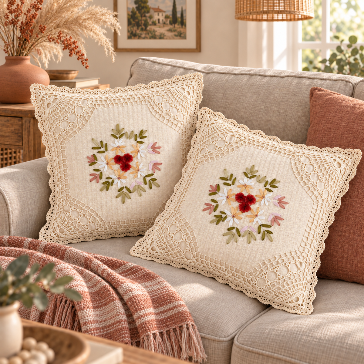 Boho Crochet Embroidered Pillow Cover