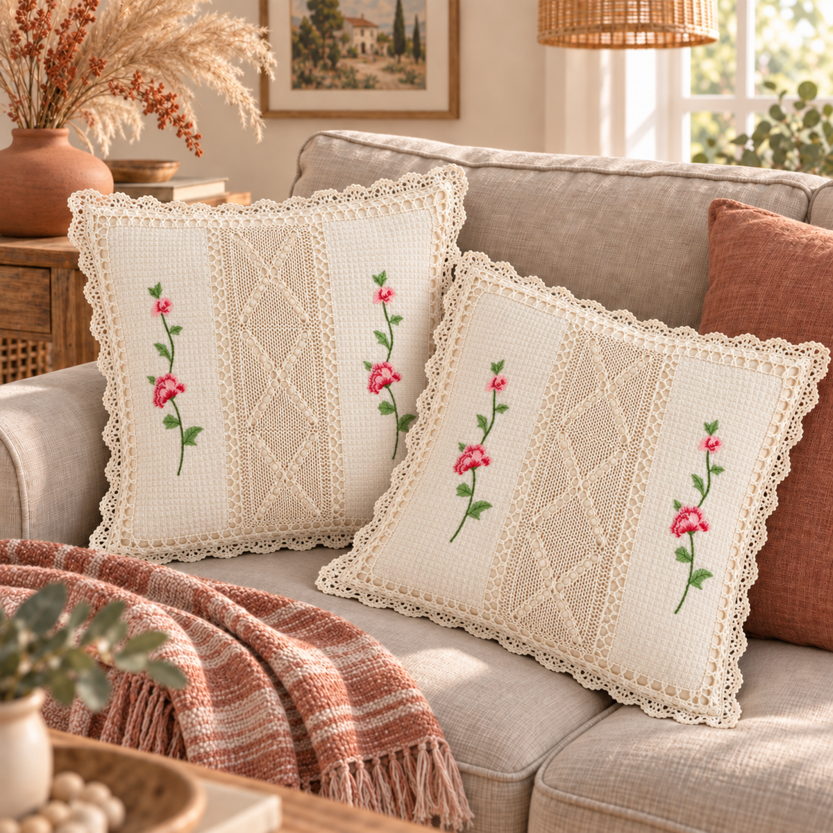 Boho Crochet Embroidered Pillow Cover
