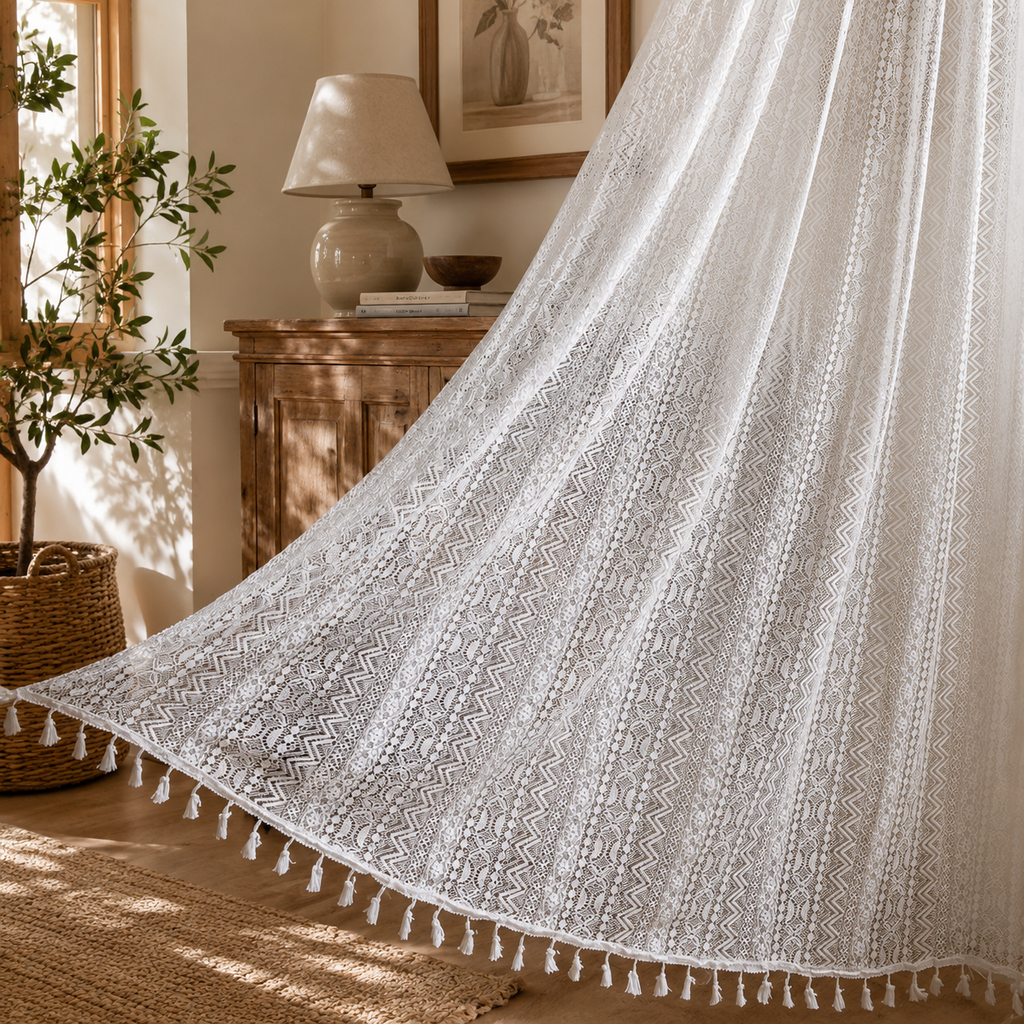Boho Crochet Lace Curtain with Tassels