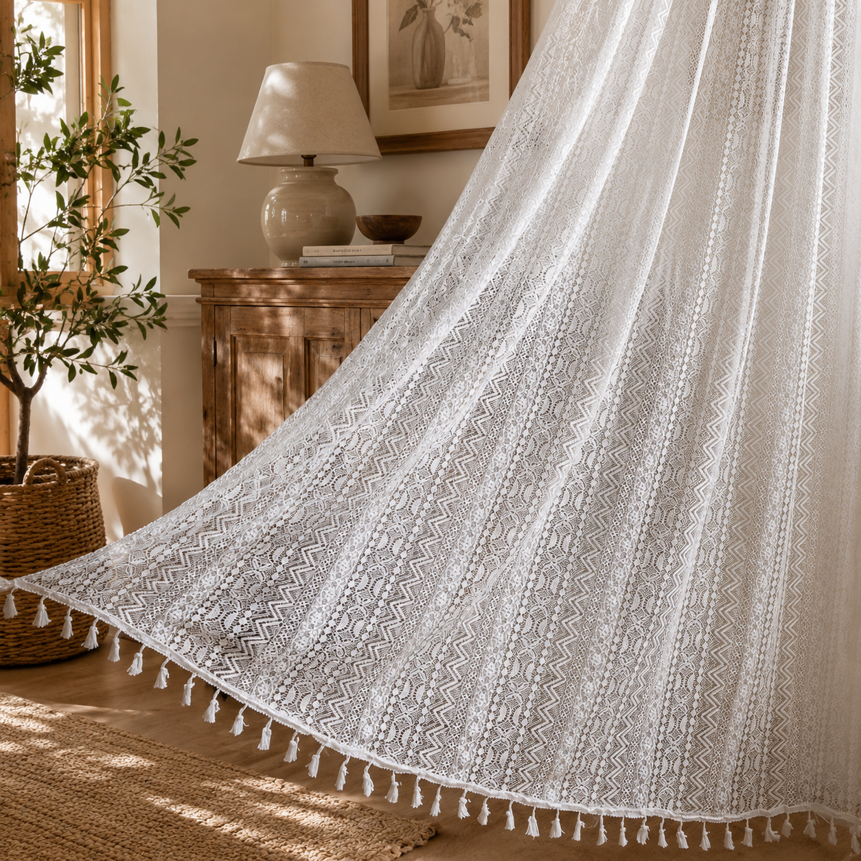 Boho Crochet Lace Curtain with Tassels