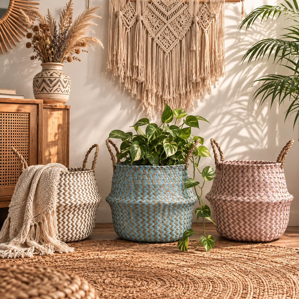 Boho Striped Seagrass Belly Basket