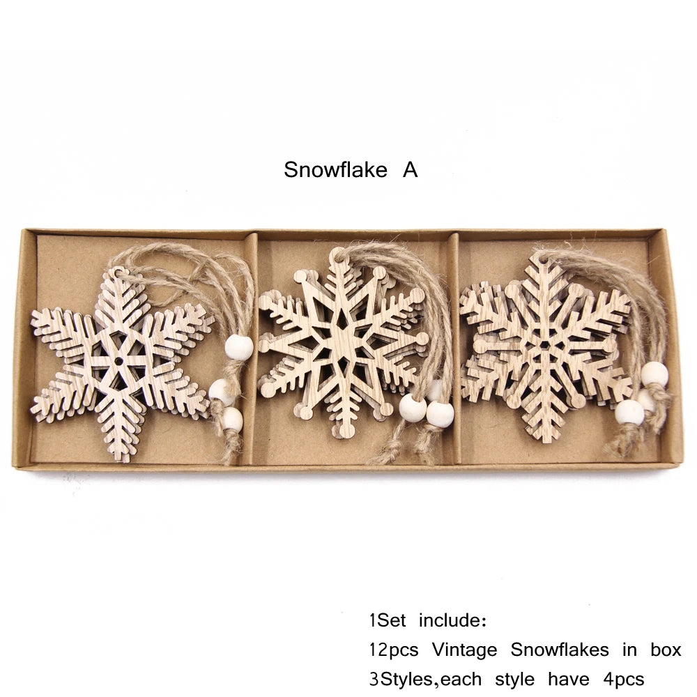 12Pcs/Box Wooden Hollow Snowflake Christmas Vintage Pendants Xmas Hanging Ornaments for Noel Tree Decorations DIY Painting Gifts