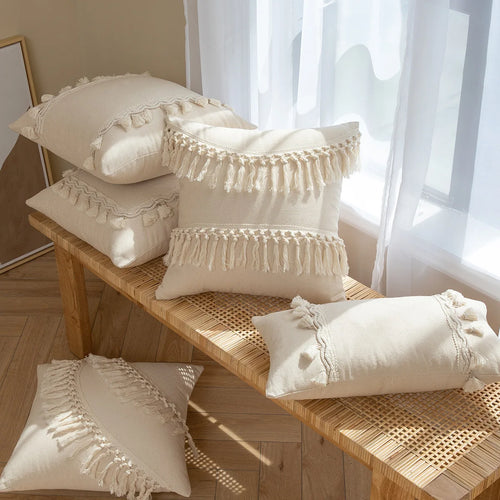 Boho Throw Pillow Covers 20X20Inch Neutral Pillow Covers with Tassels Modern Farmhouse Pillow Covers Decorative Pillow Covers