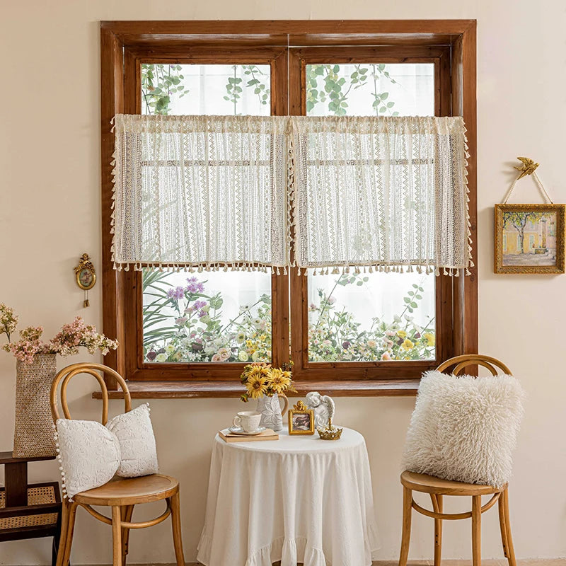 Boho Curtain Crochet Lace Semi-Sheer Hollow Knitted with Tassels Home Decoration for Kitchen Living Room Bedroom Window Curtains