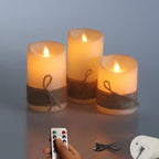 LED Candles with Dancing Flame,Vintage Rope String Wrapping,Battery Operated or USB Rechargeable Option,Ambiance Lamp, 3 Pcs/Set