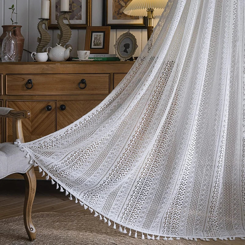 Boho Curtain Crochet Lace Semi-Sheer Hollow Knitted with Tassels Home Decoration for Kitchen Living Room Bedroom Window Curtains