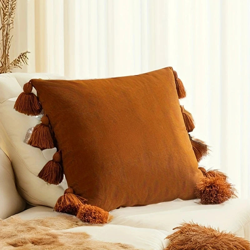 1Pcsolid Decorative Throw Pillow Cover with Tassels Boho Accent Cushion Case for Couch Bedroom Car