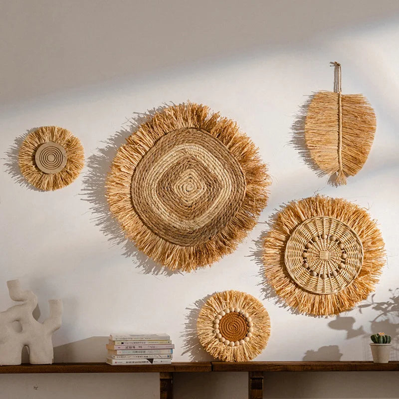 Wabi Sabi Raffia Wind Chime Minimalist Wall Hanging Decor for Bedroom Bathroom Living Room