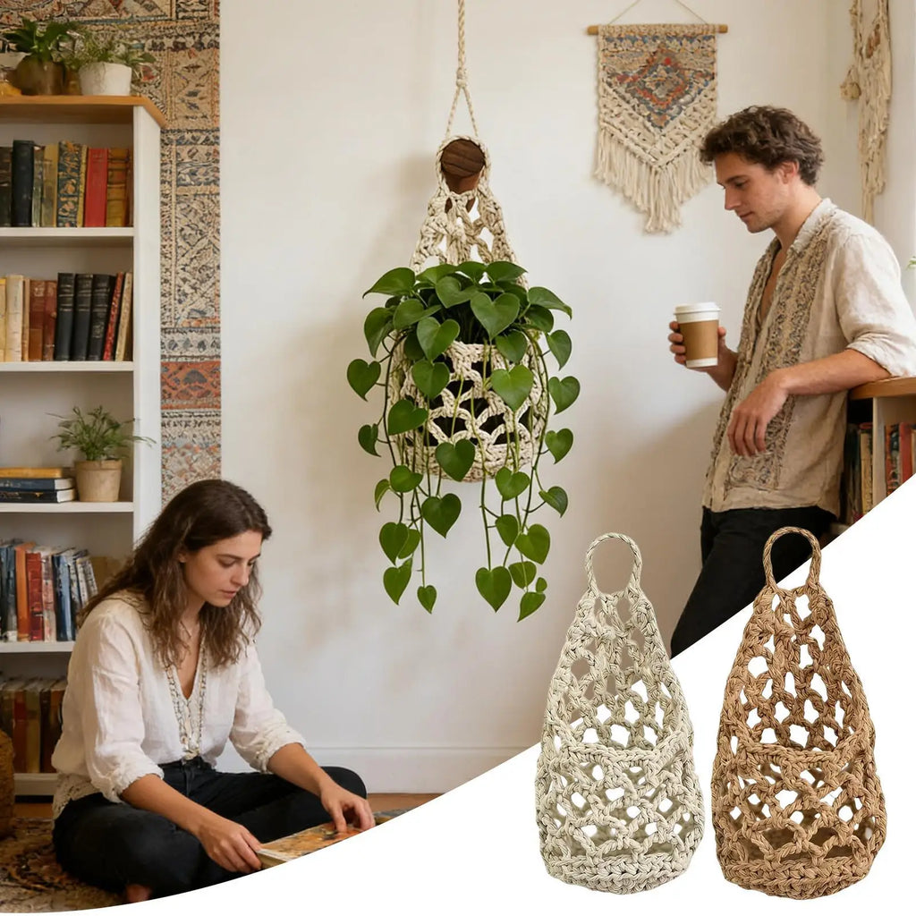 Boho Macrame Plant Hangerbasket for Succulents Cotton Rope Woven Hanging Basket with Net Pouch Home Decoration Organizer