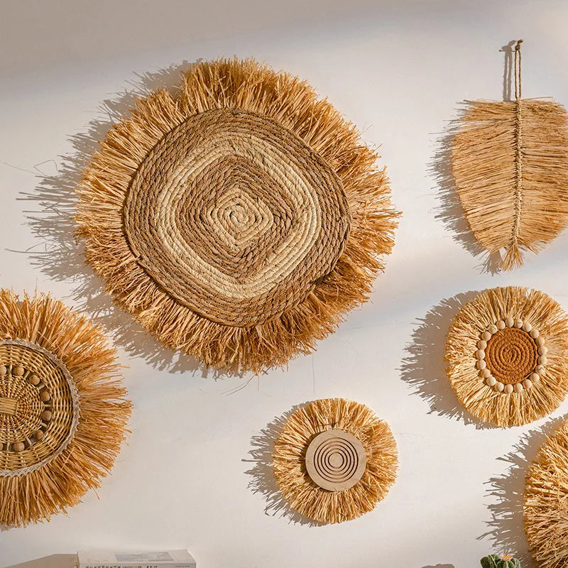 Wabi Sabi Raffia Wind Chime Minimalist Wall Hanging Decor for Bedroom Bathroom Living Room