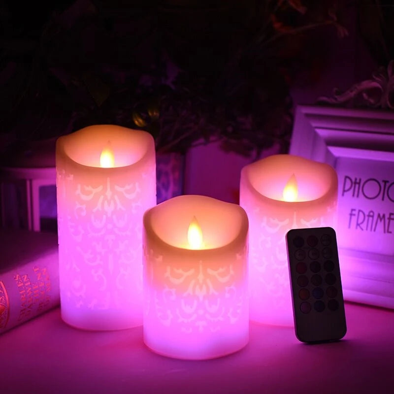 Remote Controlled Carved 3D Moroccan Flickering Candle Color Changing Paraffin LED Pillar Candle Battery Operated Dancing Wick