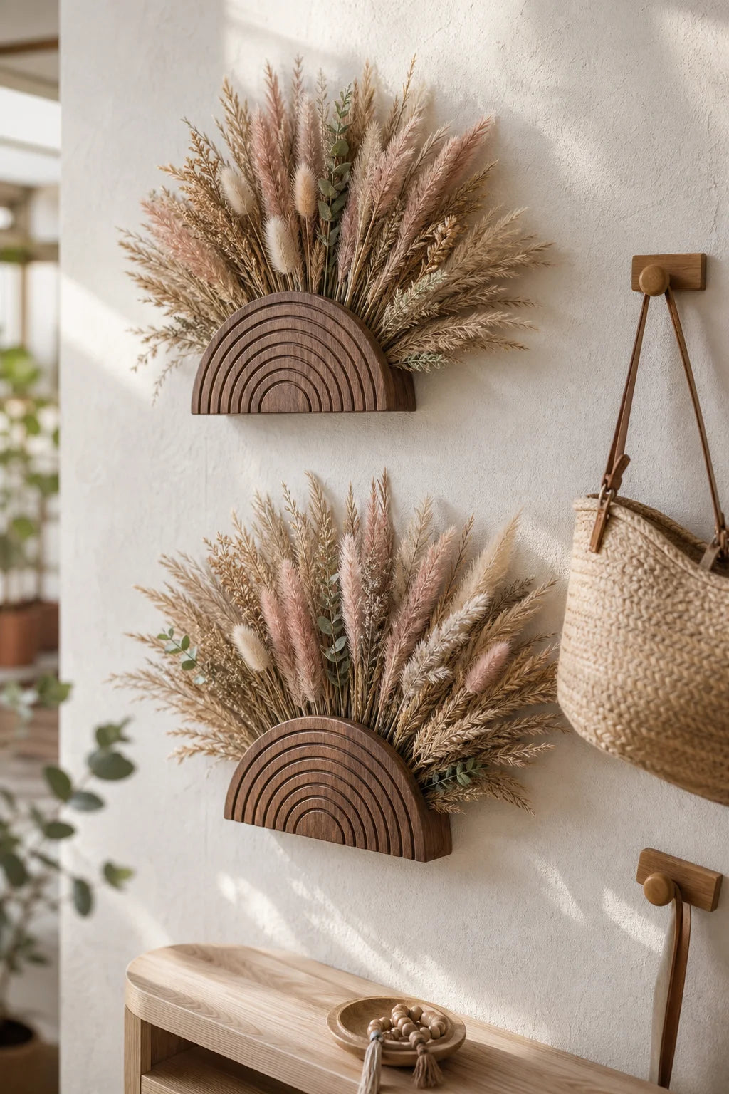 Rustic Rainbow Wooden Wall Planter Pocket Vase Boho Farmhouse Living Room Entryway Floral & Dried Grass Wall Hanging Home Decor