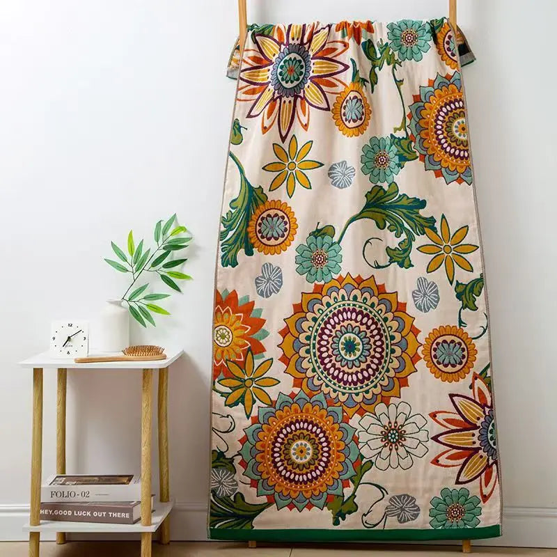 Pure Cotton Bathtowel Muslin Gauze Yarn Dyed Floral Pattern Bathroom Towel Large Size Thicken Adults Quick Drying Wrapped Towel