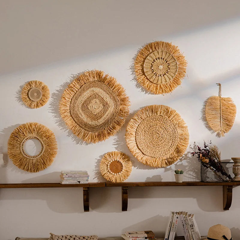 Wabi Sabi Raffia Wind Chime Minimalist Wall Hanging Decor for Bedroom Bathroom Living Room